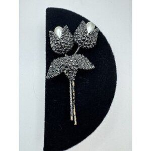 Vintage Flower Black Rhinestones Enamel F. Pearls Brooch Gothic Victorian Style